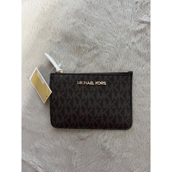 Michael Kors Jet Set Small Brown Coin Pouch W/ ID Window Monogram Leather Wallet - Picture 1 of 7